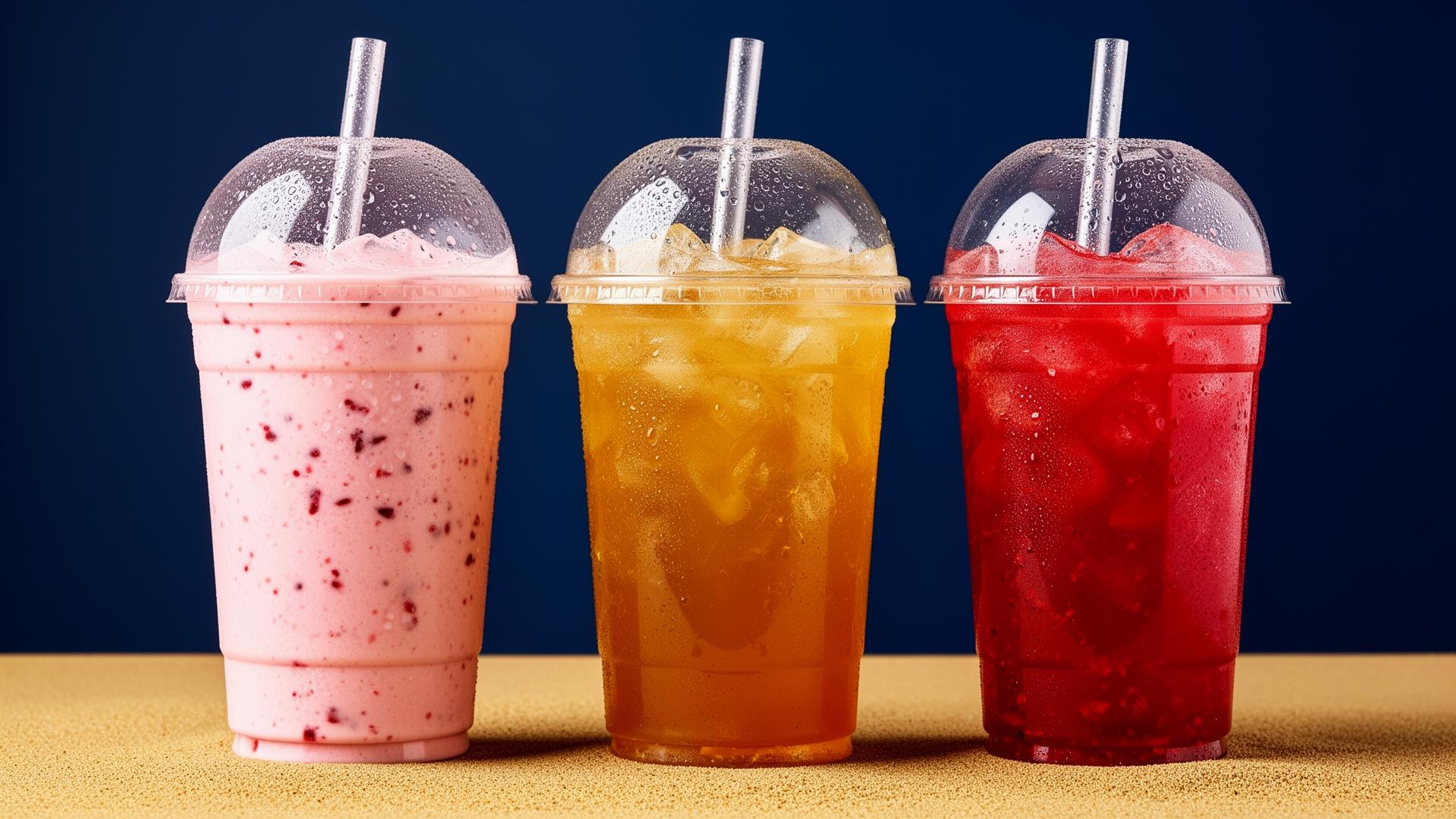 Three dirty sodas in clear cups