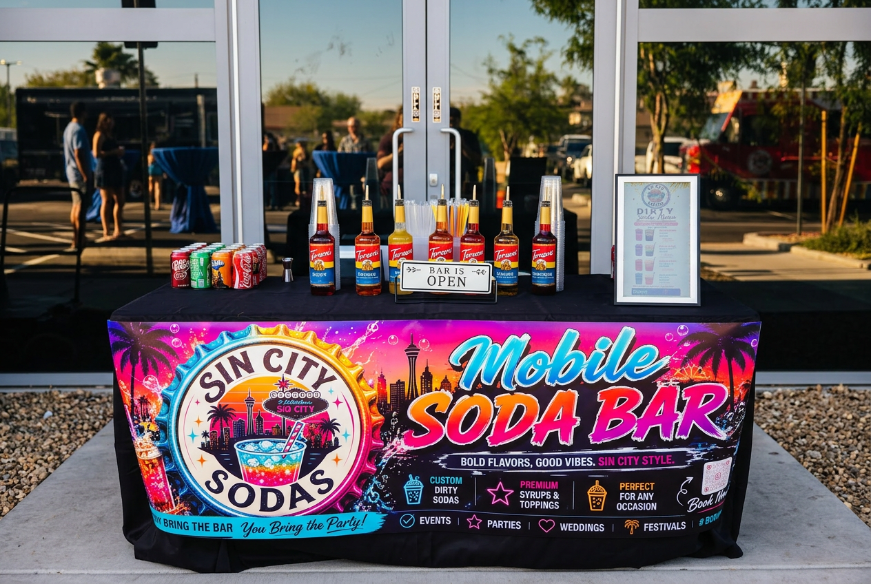 Sin City Sodas pop-up bar set up at a backyard event in Las Vegas